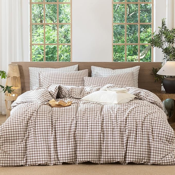MooMee Gingham Duvet Cover Set 100% Washed Cotton Linen Like Textured Breathable Durable Soft Comfy Modern Checkered Design (Brown Gingham, Queen 90"x90")