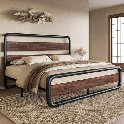 SHA CERLIN Queen Size Metal Bed Frame with Wooden Headboard and Footboard, Heavy Duty Oval-Shaped Platform Bed with Under-Bed Storage, Noise Free, No Box Spring Needed, Mahogany