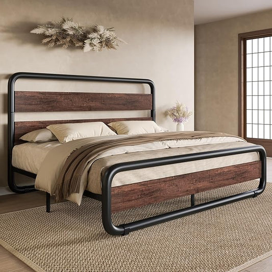 SHA CERLIN Queen Size Metal Bed Frame with Wooden Headboard and Footboard, Heavy Duty Oval-Shaped Platform Bed with Under-Bed Storage, Noise Free, No Box Spring Needed, Mahogany