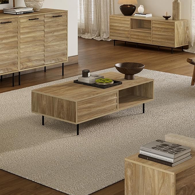 LuxenHome Mid-Century Modern Coffee Table with Storage, Wave Design Farmhouse Wood Center Table with Metal Legs, Open Shelf & Drawer, Accent Tea Table for Living Room, Rustic & Functional Design