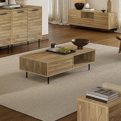 LuxenHome Mid-Century Modern Coffee Table with Storage, Wave Design Farmhouse Wood Center Table with Metal Legs, Open Shelf & Drawer, Accent Tea Table for Living Room, Rustic & Functional Design