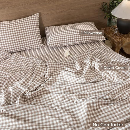 MooMee Gingham Duvet Cover Set 100% Washed Cotton Linen Like Textured Breathable Durable Soft Comfy Modern Checkered Design (Brown Gingham, Twin 68"x90")