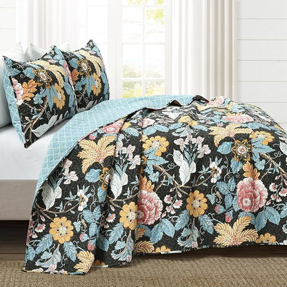 Lush Decor Sydney Reversible Cotton Quilt Set King 3 Piece Bedding, Black Blue
