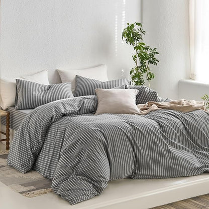 MooMee Striped Duvet Cover Set 100% Washed Cotton Linen Like Textured Breathable Durable Soft Comfy (Dark Grey White Wide Stripes, Oversized Queen 98"x98")