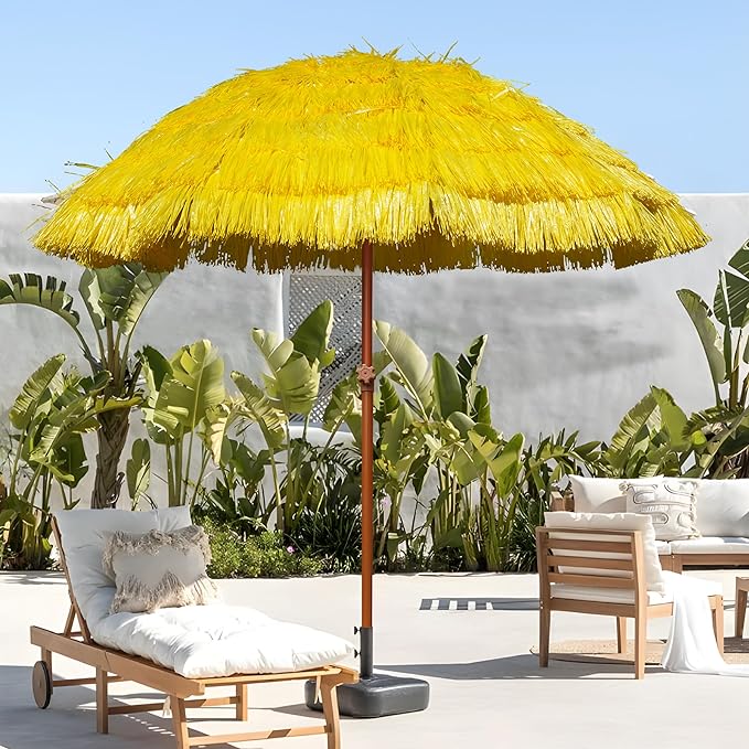 AMMSUN 7.5ft Hula Thatched Tiki Patio Beach Umbrella Hawaiian Style 10 Ribs UPF 50+ with Tilt Carry Bag for Outdoor Tiki Bar, Tropical Palapa, Patio Garden Beach Pool Backyard Yellow