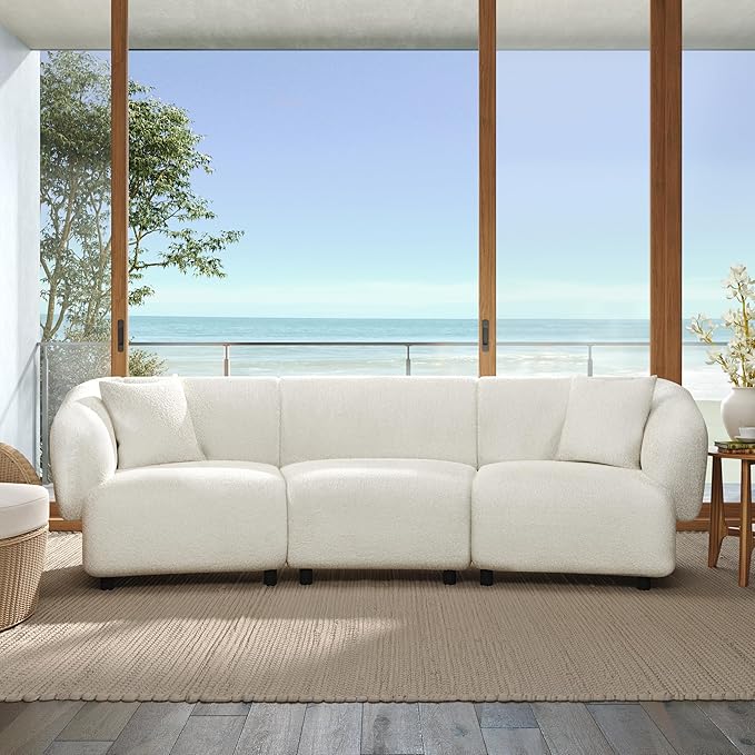Merax 98.5" Modern 3 Seater Curved Sofa, Luxury Boucle Fabric Sofa, Minimalist Cozy Cloud Couch for Living Room, Bedroom, Apartment, Home Office, Beige