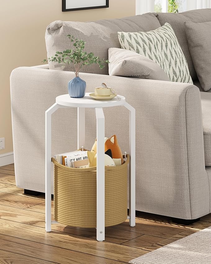 TUTOTAK Small Side Table, Round End Table, Night Stand, Bedside Table, Set of 2, Sofa Table with Storage Basket, Living Room, Bed Room, White and Beige TB01BWN0922