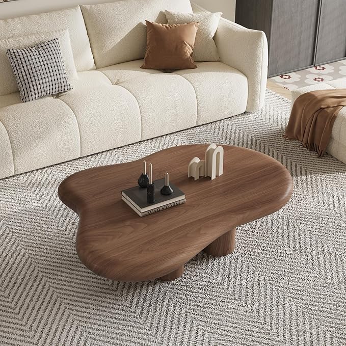 48.42" Modern Cloud Coffee Table for Living Room, Dark Brown Wood Coffee Table with 4 Sturdy Legs, Mid-Century Modern Tea Table Living Room Table for Home Office