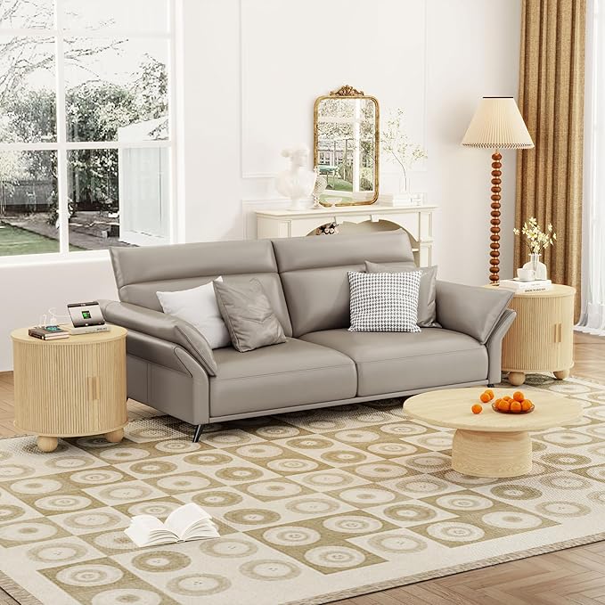 24" End Table with Charging Station, Farmhouse Round Fluted Wood Night Stand, Mid-Century Large Side Table with Storage & Sliding Door for Living Room, Bedroom (Round, Natural)