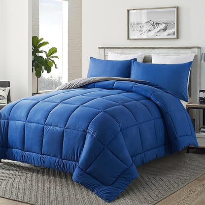DOWNCOOL Queen Comforter Set -All Season Bedding Comforters Sets with 2 Pillow Cases-3 Pieces Bedding Sets Queen -Down Alternative Blue/Grey Queen Size Comforter Sets(88"x90")