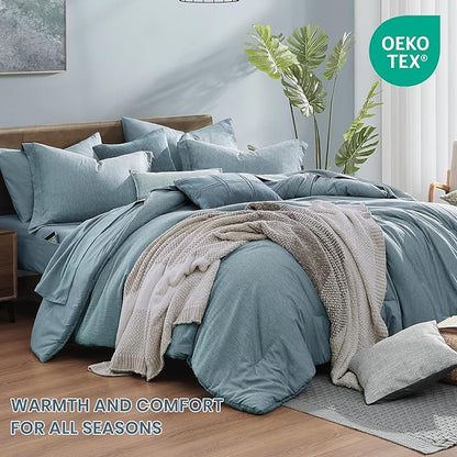 Monbix King Size Comforter Set,7 Pieces Dusty Blue Cationic Dyeing Bed in a Bag King with Comforter, Sheets, Pillowcases & Shams, All Season Reversible Bedding Comforters
