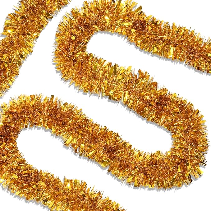 50 FT Gold Christmas Tinsel Garland Christmas Decorations for Xmas Tree Decor, Shiny Metallic Twist Hanging Tinsel Garlands for Stairs Mantle Fireplace Home Indoor Outdoor Holiday Party Supplies