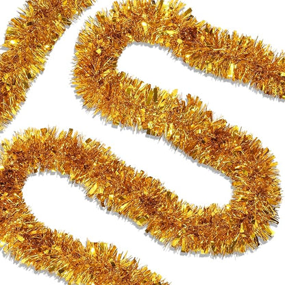 50 Feet Gold Christmas Tinsel Garland for Christmas Tree Decorations, Xmas Metallic Twist Shiny Hanging Garland Decor for Mantle Stairs Fireplace Home Holiday Indoor Outdoor