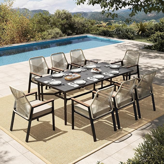HERA'S HOUSE 9 Pieces Outdoor Dining Set, Patio Table and Chairs for 8, 8 x Cushioned Rattan Patio Chairs and 1 x 83 Large Rectangle Dining Table, Outdoor Dining Table Set for Lawn Garden