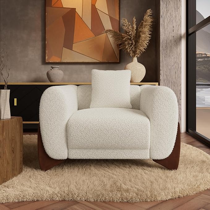 Morden Fort Boucle Armchair, Modern Upholstered Sofa Chair Wooden Leg with Durable Comfy Boucle Pet-Friendly 25'' Deep Seat & Pillow Couch Accent Chairs for Living Room Bedroom Reading, Toffee Orange