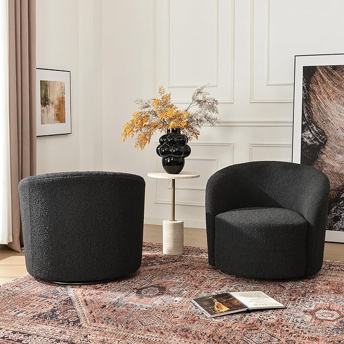 KINWELL 34" W Swivel Barrel Chair Set of 2, Mid Century Modern Round Upholstered Boucle Swivel Accent Chairs, No Assembly  Chair for Living Room Bedroom Reading, Black