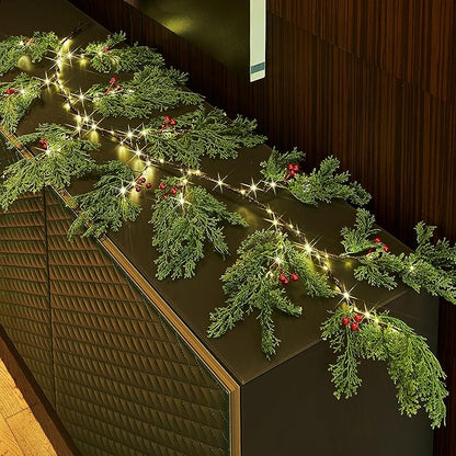 Fudios Lighted Pine Garland with Timer Red Berry Decor 80 LED 6FT Battery Operated USB Plug in,Lit Christmas Garland Cypress Leaves Lights for Home Mantle Inside