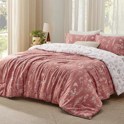 Bedsure Queen Comforter Set - Grayish Pink Bed Set, 3 Pieces Cute Floral Bedding, 1 Soft Reversible Botanical Flowers Comforter and 2 Pillow Shams