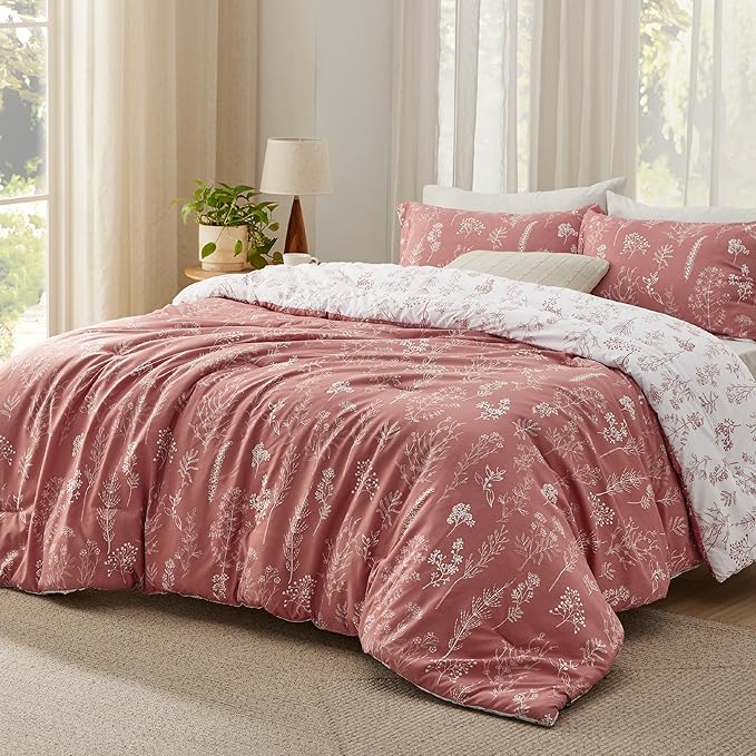 Bedsure Twin/Twin XL Comforter Set - Grayish Pink Bed Set, 2 Pieces Cute Floral Bedding, 1 Soft Reversible Botanical Flowers Comforter and 1 Pillow Sham
