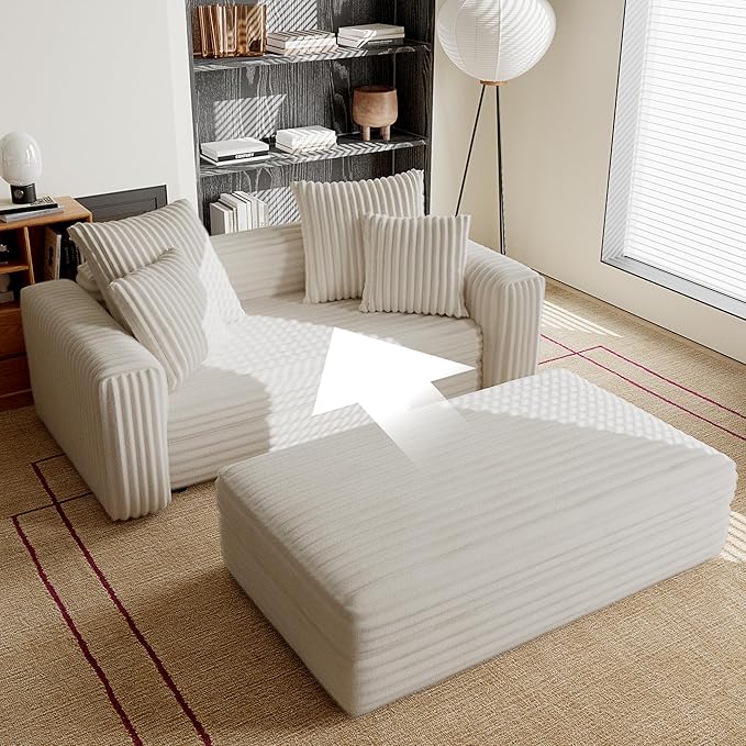 Acanva Oversized Cozy Chaise Indoor with Removable Ottoman, Modern Upholstered Fluffy Sleeper Sofa Bed, Comfy Reclining Couch for Living Room, Bedroom, White