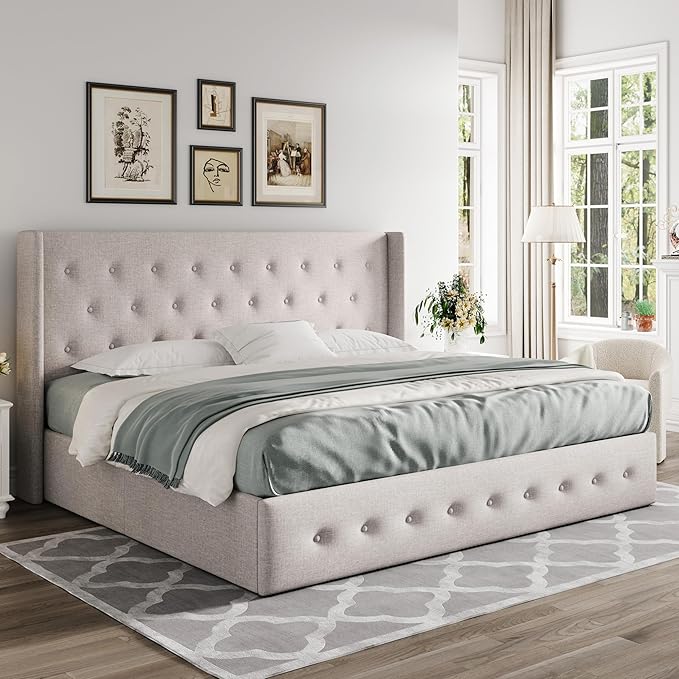 Allewie King Size Lift Up Storage Bed, Button Tufted Headboard with Wingback, Hydraulic Support, No Box Spring Needed, Light Beige