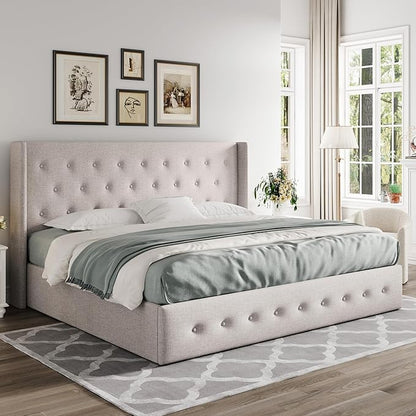 Allewie King Size Lift Up Storage Bed, Button Tufted Headboard with Wingback, Hydraulic Support, No Box Spring Needed, Light Beige