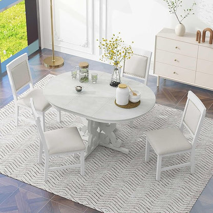 Merax Round Solid Wood Dining Table Set for 4, Farmhouse Kitchen Table Set with 4 Upholstered Chairs, 5-Piece Table and Chairs Set for Kitchen, Dining Room, Living Room, Antique White
