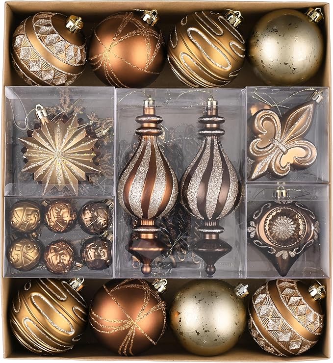Valery Madelyn Ornaments for Christmas Trees, 60ct Bronze Copper Brown and Gold Shatterproof Christmas Tree Decorations, Luxury Hanging Ball Ornaments Bulk for Thanksgiving Autumn Harvest Decor