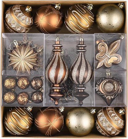 Valery Madelyn Ornaments for Christmas Trees, 60ct Bronze Copper Brown and Gold Shatterproof Christmas Tree Decorations, Luxury Hanging Ball Ornaments Bulk for Thanksgiving Autumn Harvest Decor