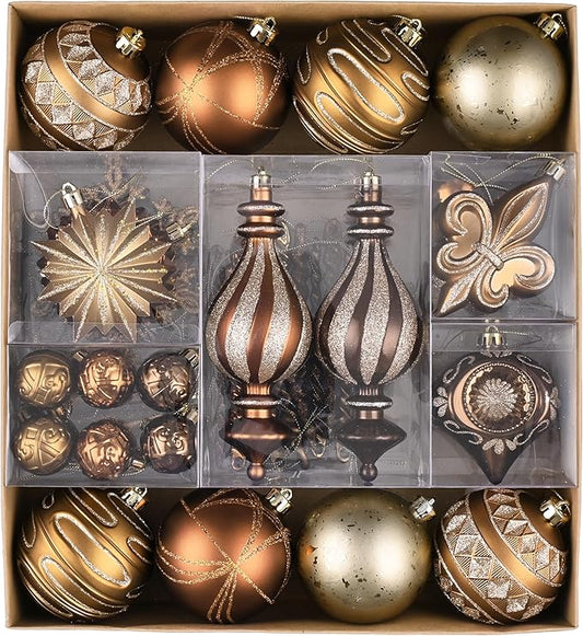 Valery Madelyn Ornaments for Christmas Trees, 60ct Bronze Copper Brown and Gold Shatterproof Christmas Tree Decorations, Luxury Hanging Ball Ornaments Bulk for Thanksgiving Autumn Harvest Decor