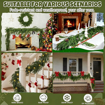 9FT Artificial Norfolk Pine Garlands for Christmas Decorations,Real Touch Winter Faux Greenery Garlands for Mantel Table Stair Fireplace Wall Holiday Indoor Outdoor Decor(2 Pack)