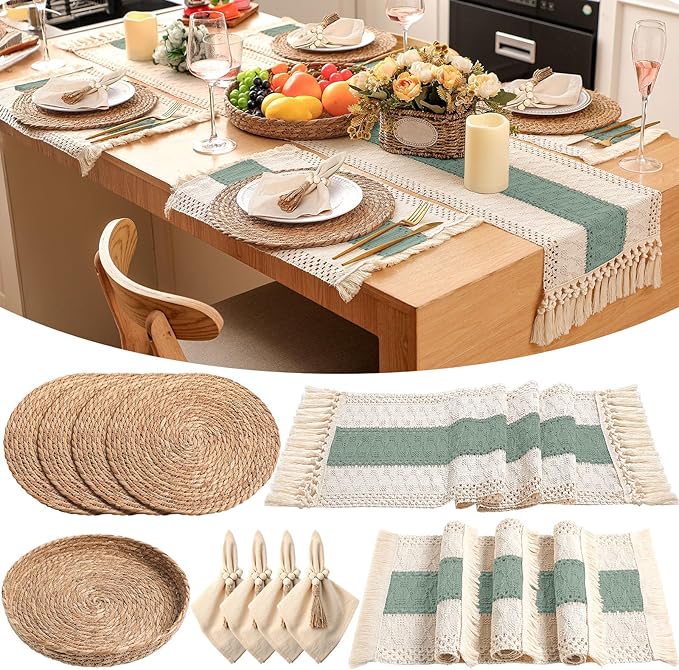 4 Sets Boho Placemats Round Woven Placemats, Cloth Napkins, Wood Bead Napkin Rings, Long Table Runner and Farmhouse Rustic Natural Burlap Cotton for Kitchen Table Home (Green)