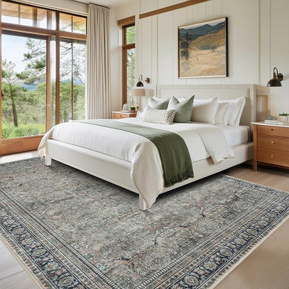 Washable Rugs 8x10 Area Rugs for Living Room,Rugs for Bedroom,Large Carpets,Ultra Soft Faux Wool Retro Dining Room Rug,Non Slip&Non-Shedding Low Pile Vintage Print Rug for Home Office,Green