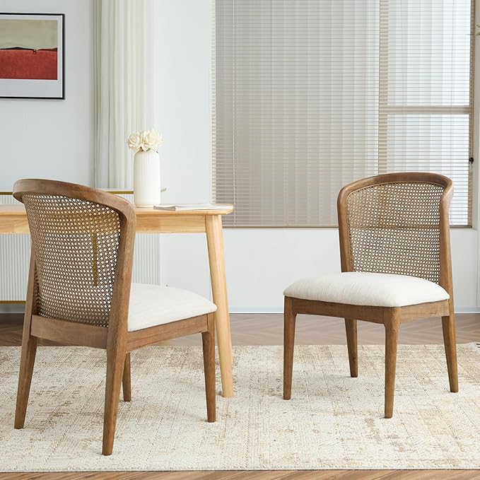 Christopher Knight Home Lilia Dining Chairs Set of 2, Modern Dining Chair with Fabric Upholstery, Rubberwood Frame Kitchen Chairs with Cane Webbing, Extra Seat for Dining Room, Beige + Walnut