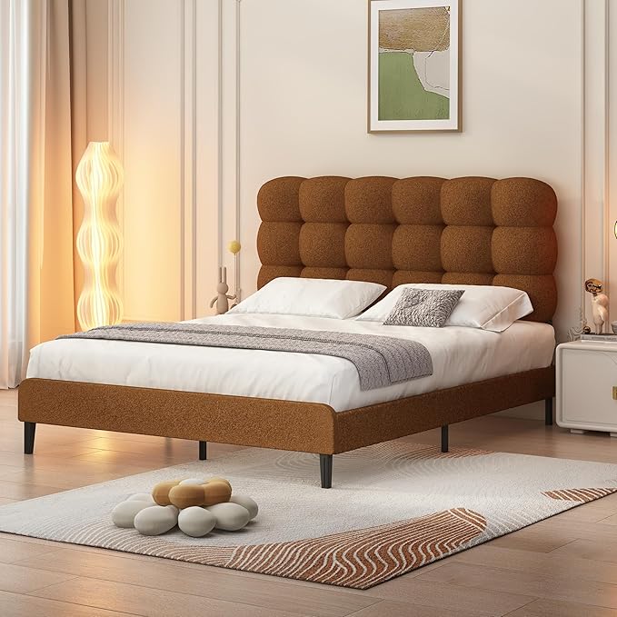 BarnFurin Queen Bed Frame with Upholstered Headboard, Platform Bed with Strong Wooden Slats Support, Two Bed Forms Design, No Boxing Spring Needed, Easy Assembly, Brown