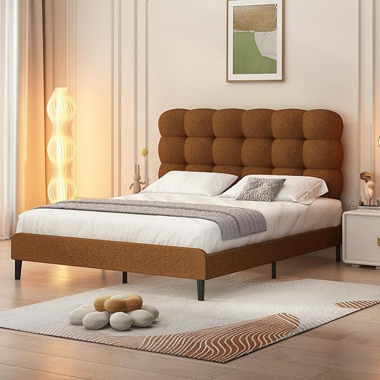 BarnFurin Queen Bed Frame with Upholstered Headboard, Platform Bed with Strong Wooden Slats Support, Two Bed Forms Design, No Boxing Spring Needed, Easy Assembly, Brown