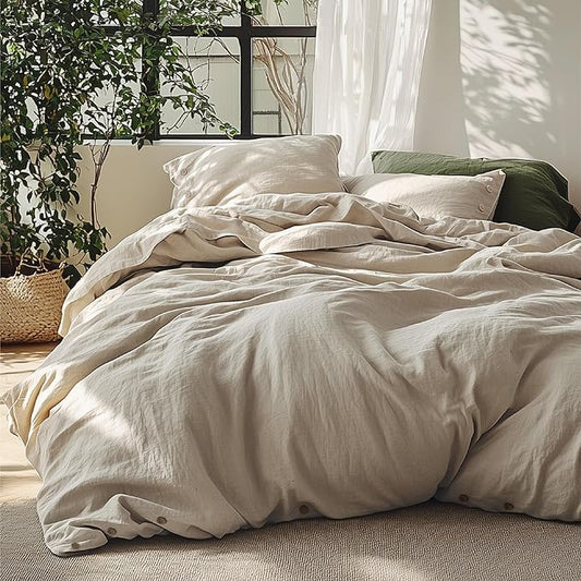 Bedsure Linen Duvet Cover King Size - Linen Cotton Blend Bedding Set, Soft & Cozy, 3 Pieces, 1 Duvet Cover 104x90 Inches and 2 Pillowcases, Light Khaki Color Cooling Bedding, Comforter Sold Separately