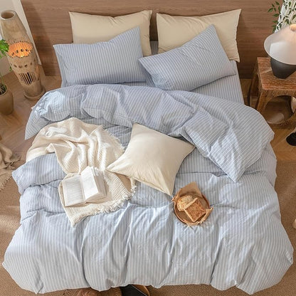 MooMee Striped Duvet Cover Set 100% Washed Cotton Linen Like Textured Breathable Durable Soft Comfy (Cornflower Blue White Wide Stripes, Alaska King 132"x120")