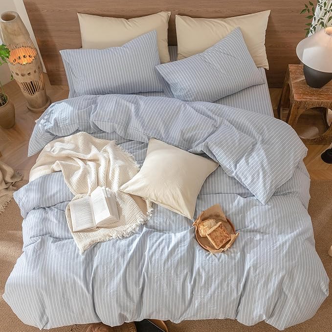 MooMee Striped Duvet Cover Set 100% Washed Cotton Linen Like Textured Breathable Durable Soft Comfy (Cornflower Blue White Wide Stripes, Twin 68"x90")