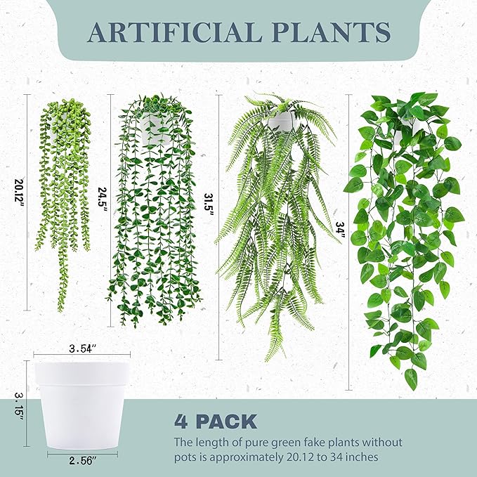 Der Rose 4Pcs Fake Plants Hanging Artificial Ivy Vine Faux Eucalyptus Hanging Plants, Boston Fern, String of Pearls for Living Room Bedroom Boho Wall Shelf Indoor Outdoor Decor (White Pots)