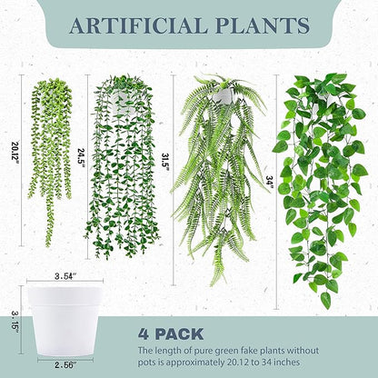 Der Rose 4Pcs Fake Plants Hanging Artificial Ivy Vine Faux Eucalyptus Hanging Plants, Boston Fern, String of Pearls for Living Room Bedroom Boho Wall Shelf Indoor Outdoor Decor (White Pots)