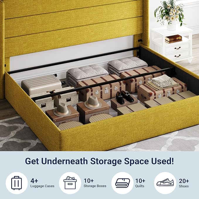 Allewie King Size Lift Up Storage Bed, Modern Wingback Headboard, Hydraulic Support, No Box Spring Needed, Olive Yellow