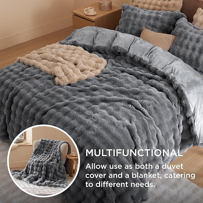 Bedsure Luxurious Faux Fur Duvet Cover Queen Size Set - Ultra Soft & Fluffy & Cozy & Warm - Elegant Shaggy Bubble Design Bedding with Duvet Cover and Pillow Shams, Grey