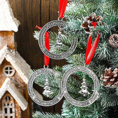 Jinei 6 Pcs Christmas Wreath Ornament Bulk 2025 Solid Pewter Christmas Ornament with Rotatable Tree Metal for Xmas Decorative Holiday Keepsake Gift (Xmas Tree)