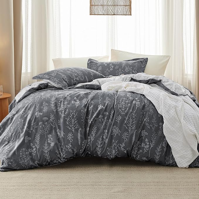 Bedsure Twin/Twin XL Comforter Set - Dark Grey Bed Set, 2 Pieces Cute Floral Bedding, 1 Soft Reversible Botanical Flowers Comforter and 1 Pillow Sham