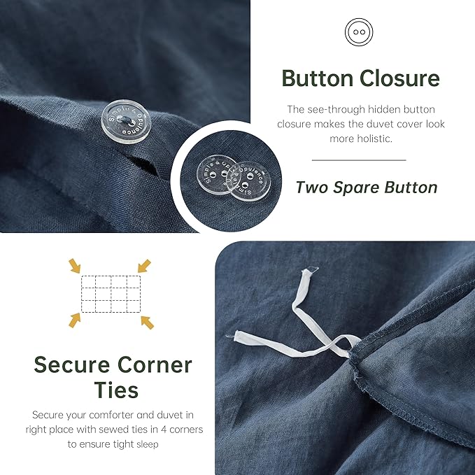 Simple&Opulence 100% Linen Duvet Cover Set, 3 PCS Classic Blue Duvet Cover King Size, Breathable Soft Comfy Linen Bedding Comforter Cover with 2 Pillowcases(Classic Blue, 104"x92")