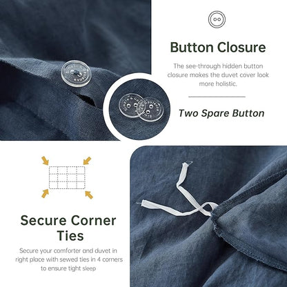 Simple&Opulence 100% Linen Duvet Cover Set, 3 PCS Classic Blue Duvet Cover Queen Size, Breathable Soft Comfy Linen Bedding Comforter Cover with 2 Pillowcases(Classic Blue, 88"x92")