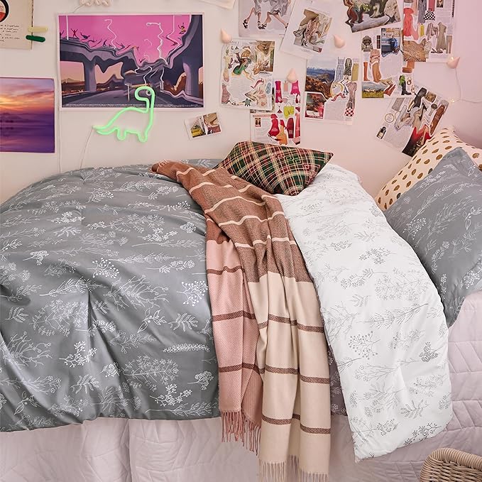 Bedsure Twin/Twin XL Comforter Set - Grey Bed Set, 2 Pieces Cute Floral Bedding, 1 Soft Reversible Botanical Flowers Comforter and 1 Pillow Sham