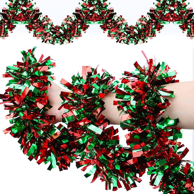 50 Feet Christmas Tinsel Garland for Christmas Tree Decorations, Red Green Metallic Twist Shiny Hanging Xmas Garlands for Stairs Mantle Fireplace Home Indoor Outdoor Holiday Party Suppliers Decor