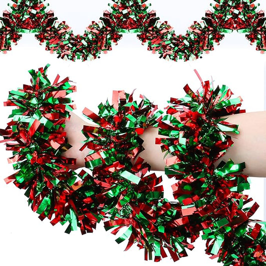 50 Feet Christmas Tinsel Garland for Christmas Tree Decorations, Red Green Metallic Twist Shiny Hanging Xmas Garlands for Stairs Mantle Fireplace Home Indoor Outdoor Holiday Party Suppliers Decor